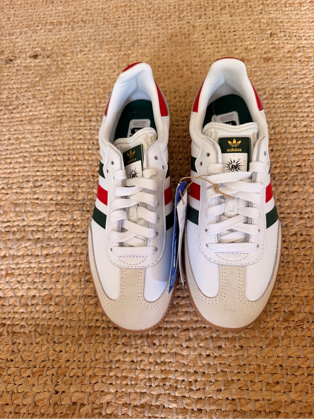 adidas Men’s White Sneakers with Red & Green Stripe Accents